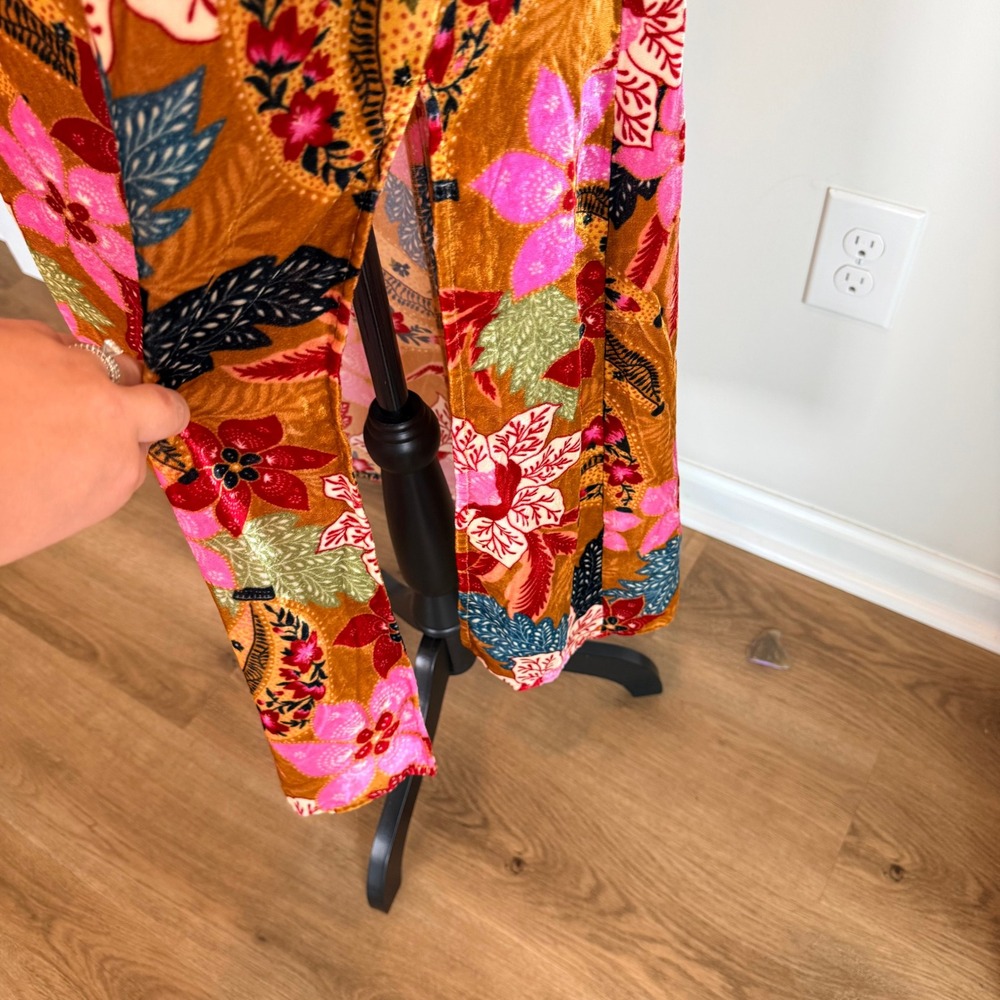 FARM Rio Banana Floral Velvet Midi Dress Small Orange Pink Tropical Slit Slip S - Picture 4 of 7